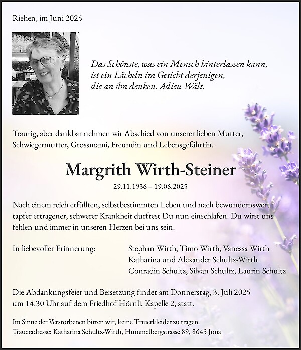 Todesanzeige von Margrith Wirth-Steiner