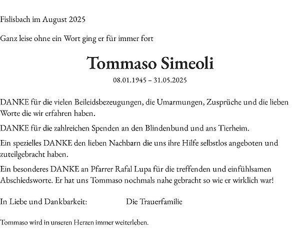 Todesanzeige von Tommaso Simeoli