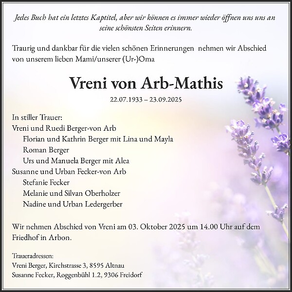 Todesanzeige von Vreni von Arb-Mathis, Arbon