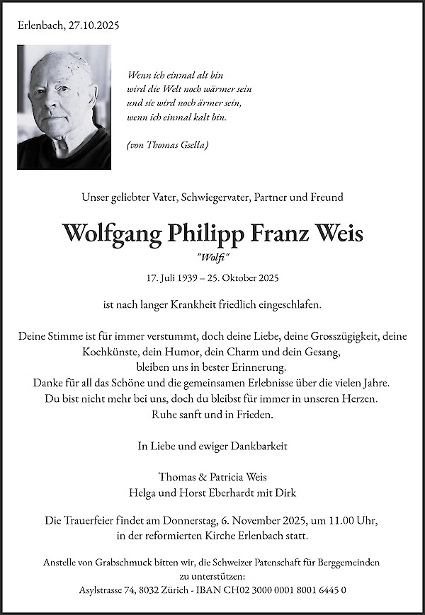 Obituary of Wolfgang Philipp Franz Weis