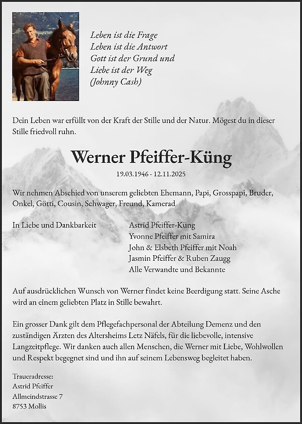 Todesanzeige von Werner Pfeiffer-Küng, Näfels