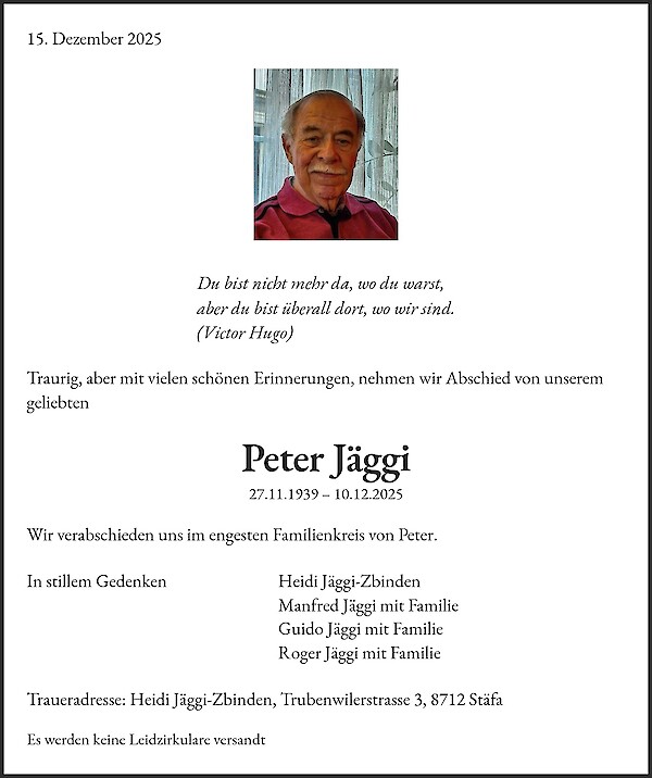 Todesanzeige von Peter Jäggi