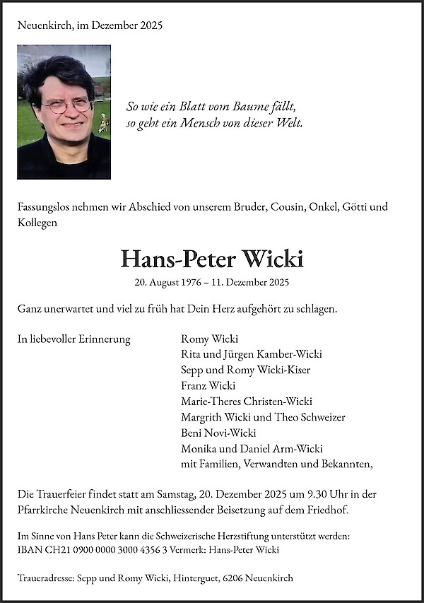 Todesanzeige von Hans-Peter Wicki