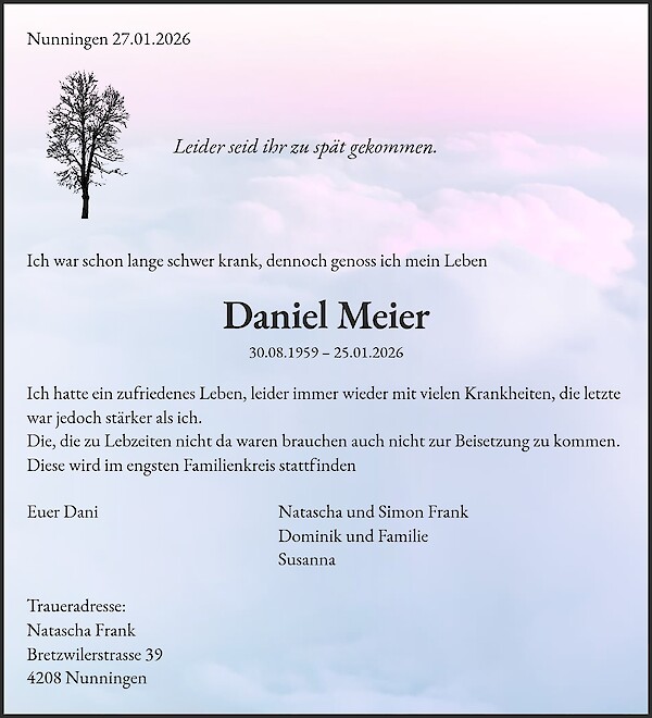 Obituary of Daniel Meier, Villmergen