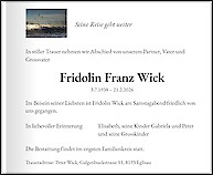 Todesanzeige Fridolin Franz Wick