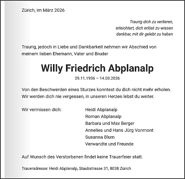 Todesanzeige von Willy Friedrich Abplanalp