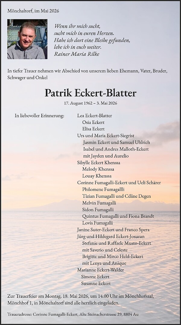 Todesanzeige von Patrik Eckert-Blatter, M&ouml;nchaltorf