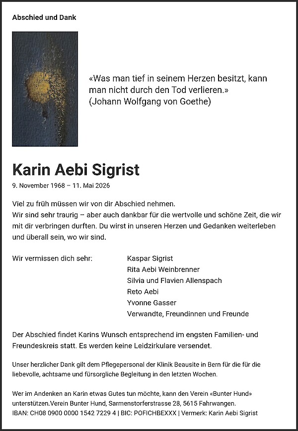 Todesanzeige von Karin Aebi Sigrist