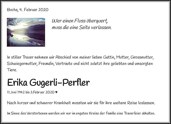 Todesanzeige von Erika Gugerli-Perfler, Buchs