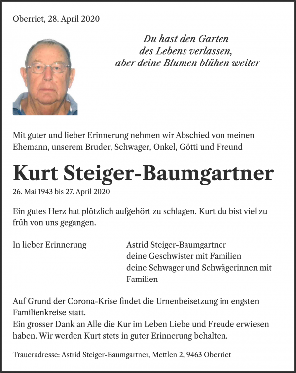 Todesanzeige von Kurt Steiger-Baumgartner, Oberriet