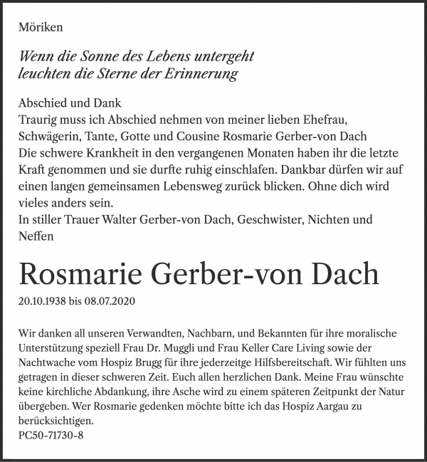 Todesanzeige von Rosmarie Gerber-von Dach, Möriken