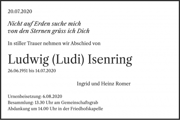 Todesanzeige von Ludwig (Ludi) Isenring, Rüti