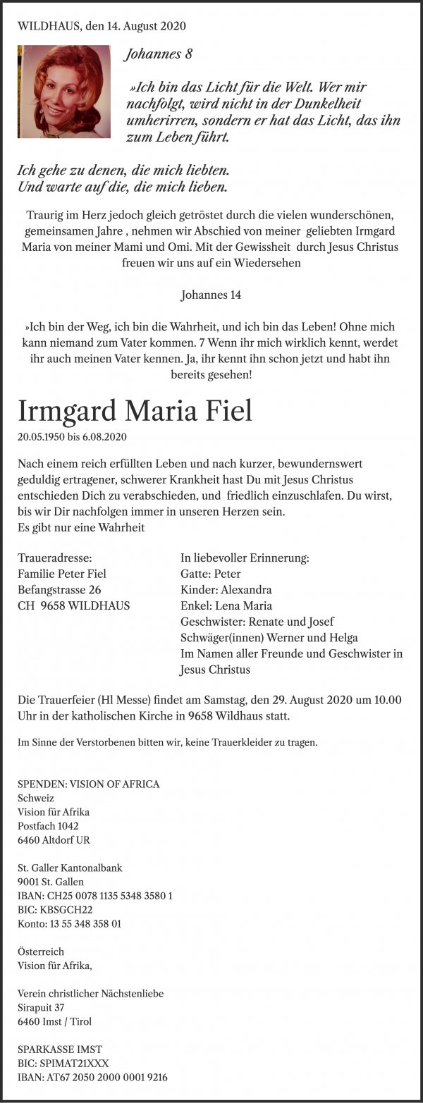 Todesanzeige von Irmgard  Maria Fiel, Wildhaus