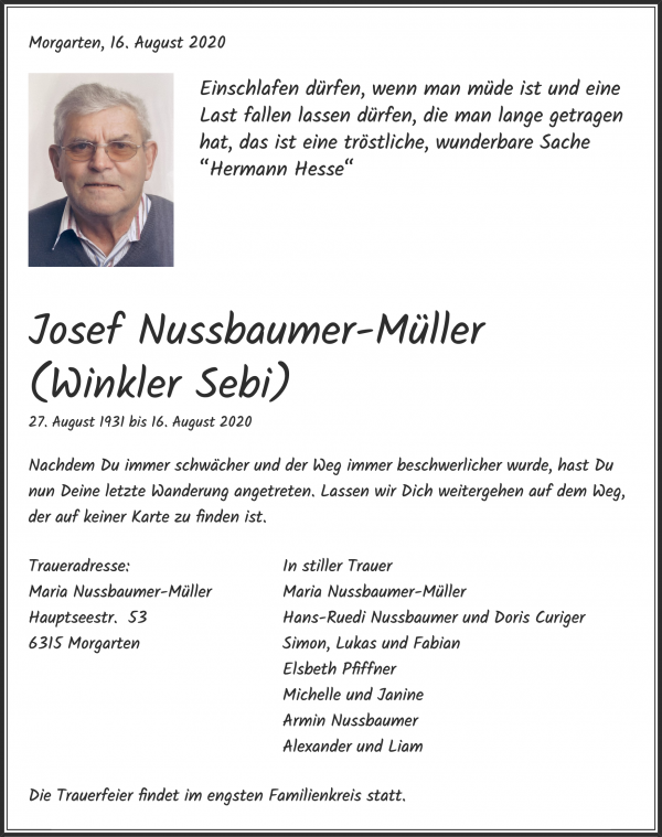 Todesanzeige von Josef Nussbaumer-Müller (Winkler Sebi), Oberägeri