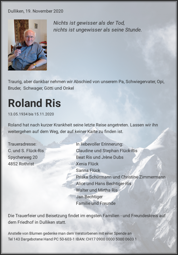 Todesanzeige von Roland Ris, Dulliken