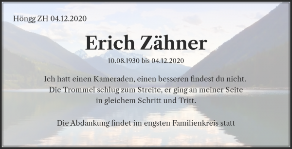 Todesanzeige von Erich Zähner, Höngg