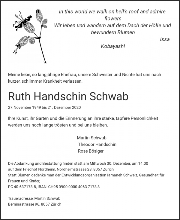 Todesanzeige von Ruth Handschin Schwab, Zürich