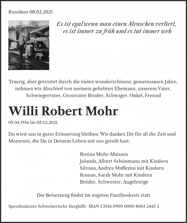 Todesanzeige von Willi Robert Mohr, Russikon