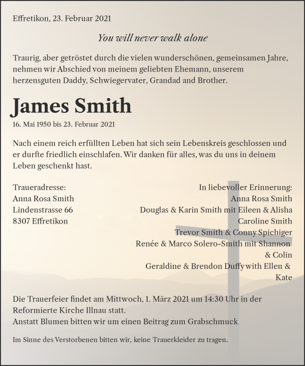 Todesanzeige von James Smith, Effretikon