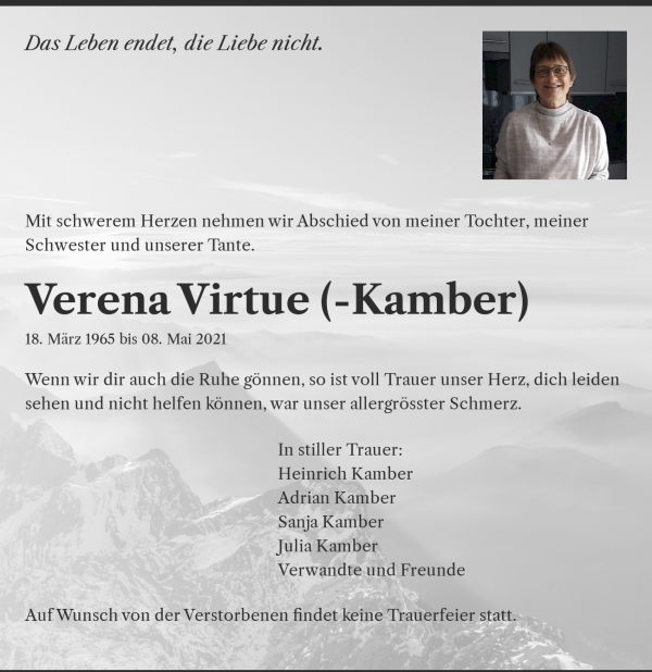 Todesanzeige von Verena Virtue (-Kamber), Wynau