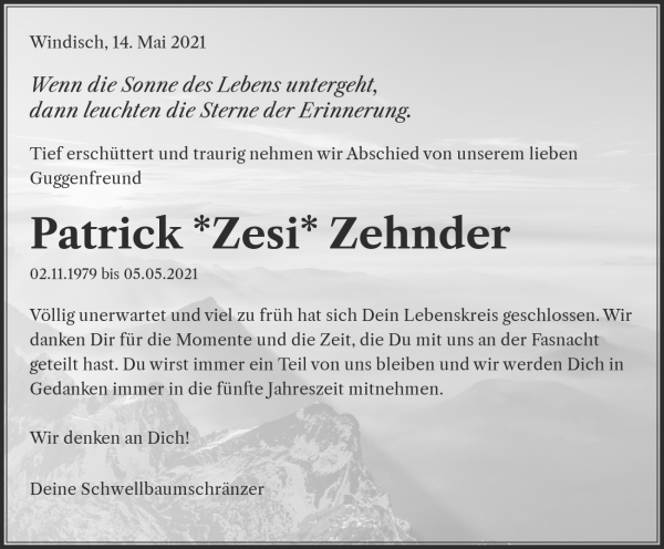 Todesanzeige von Patrick *Zesi* Zehnder, Wohlen