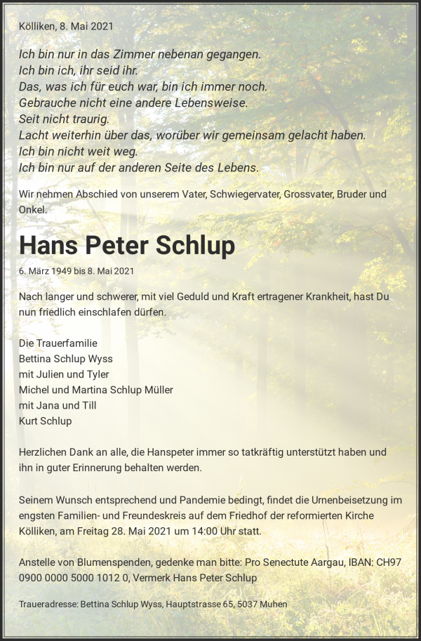 Todesanzeige von Hans Peter Schlup, Kölliken