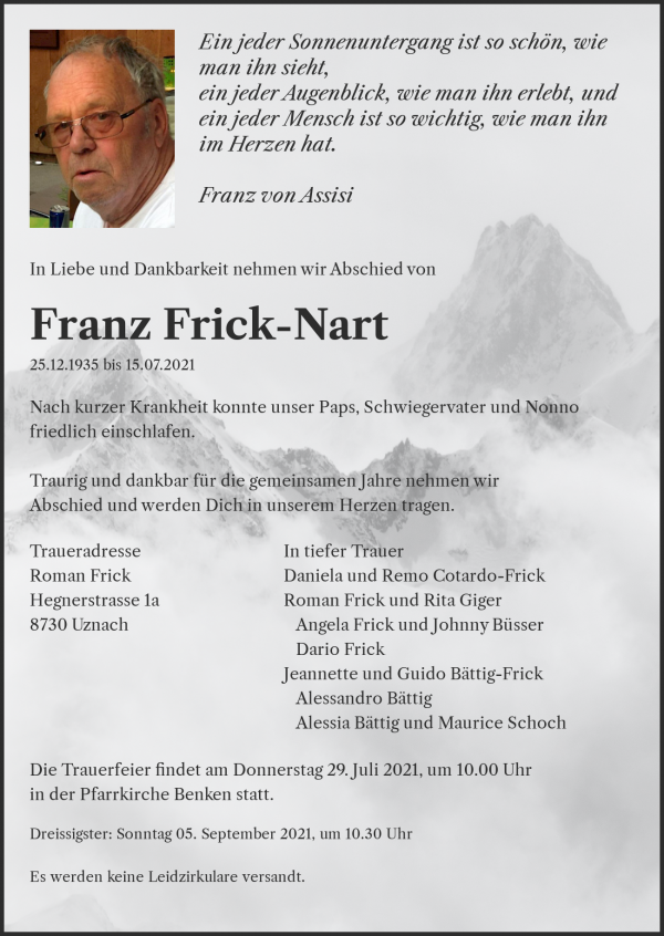 Todesanzeige von Franz Frick-Nart, Buchs