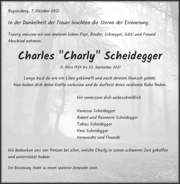 Todesanzeige von Charles "Charly" Scheidegger, Regensberg