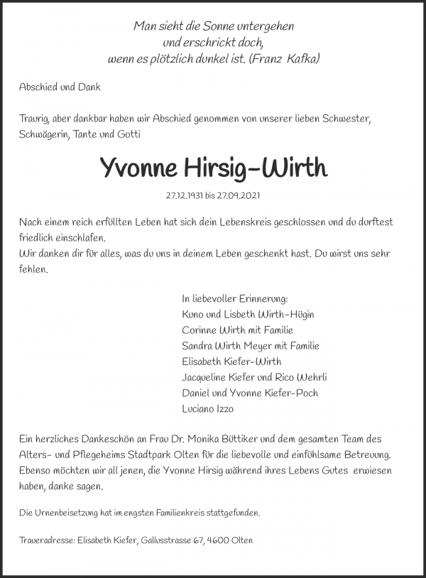 Todesanzeige von Yvonne Hirsig-Wirth, Olten