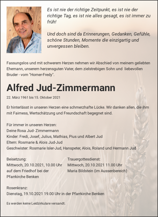 Todesanzeige von Alfred Jud-Zimmermann, Benken