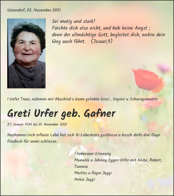 Todesanzeige von Greti Urfer geb. Gafner, Steffisburg