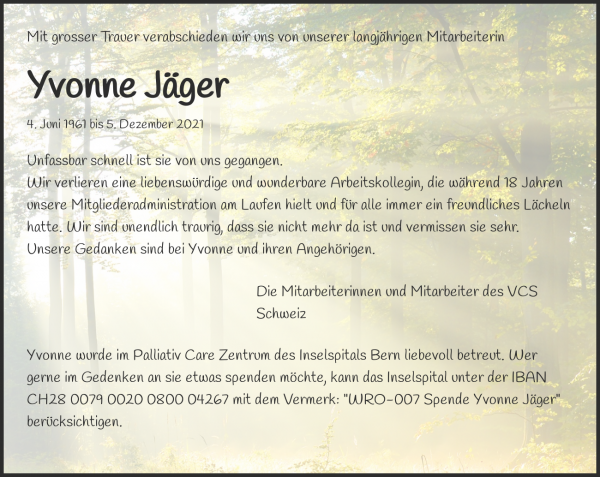 Todesanzeige von Yvonne Jäger, Herzogenbuchsee