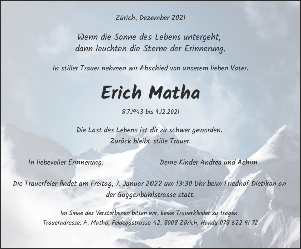 Todesanzeige von Erich Matha, Birmenstorf