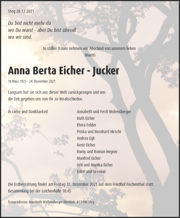 Todesanzeige von Anna Berta Eicher - Jucker, Altersheim Bluemenau Bauma