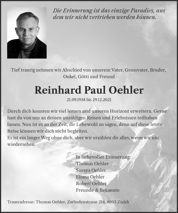 Todesanzeige von Reinhard Paul Oehler, Rüschlikon