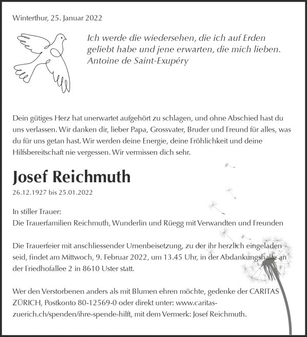 Todesanzeige von Josef Reichmuth, Winterthur