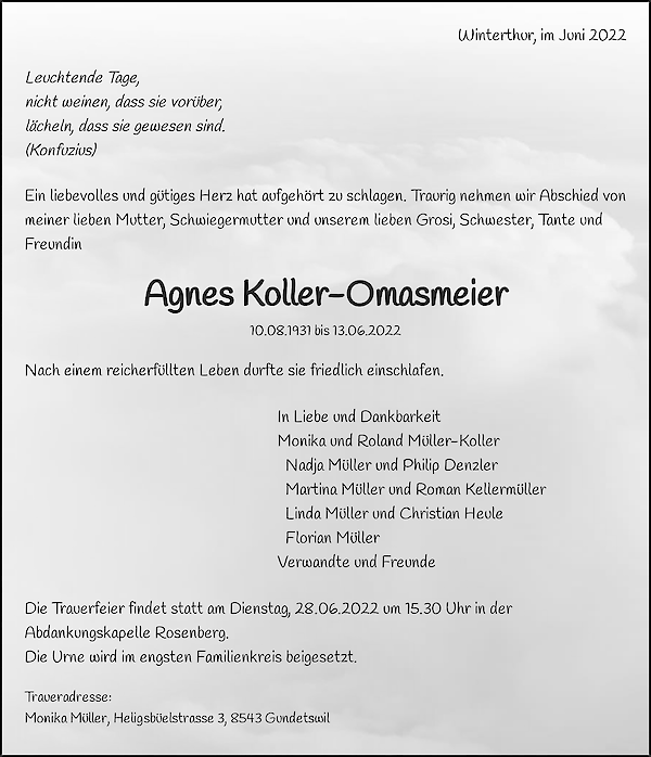 Todesanzeige von Agnes Koller-Omasmeier, Winterthur