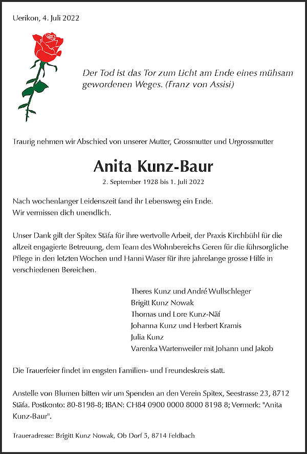 Todesanzeige von Anita Kunz-Baur, Uerikon