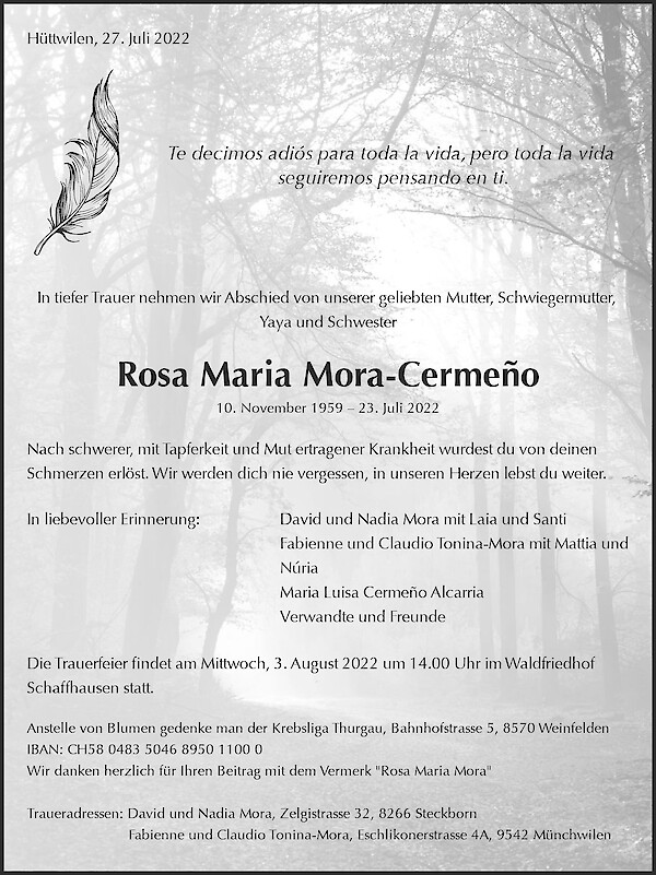 Todesanzeige von Rosa Maria Mora-Cermeño, Hüttwilen