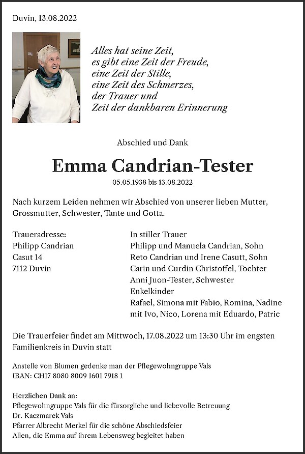 Todesanzeige von Emma Candrian-Tester, Vals