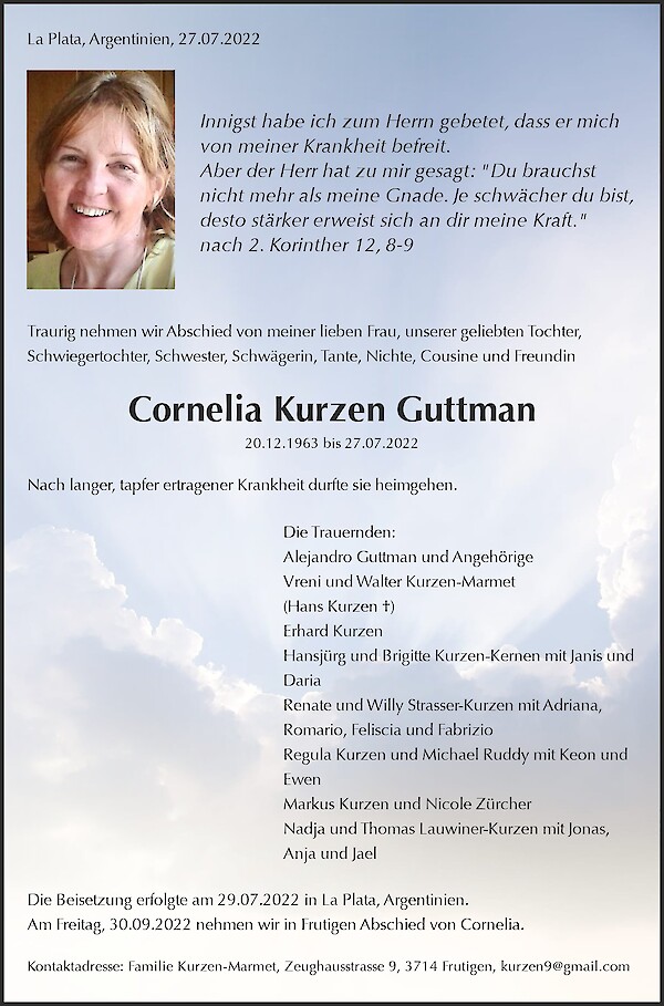 Todesanzeige von Cornelia Kurzen Guttman, Frutigen