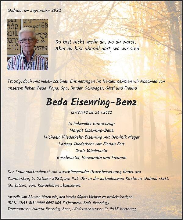 Todesanzeige von Beda Eisenring-Benz, Widnau