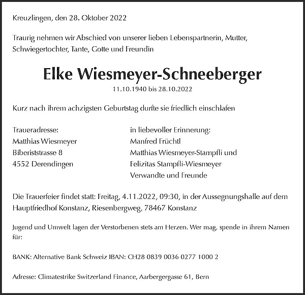 Todesanzeige von Elke Wiesmeyer-Schneeberger, Kreuzlingen