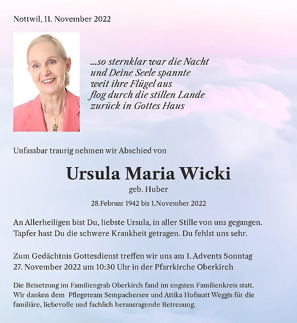 Todesanzeige von Ursula Maria Wicki, Nottwil