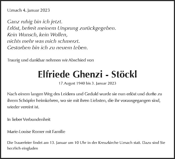 Todesanzeige von Elfriede Ghenzi - Stöckl, Schmerikon