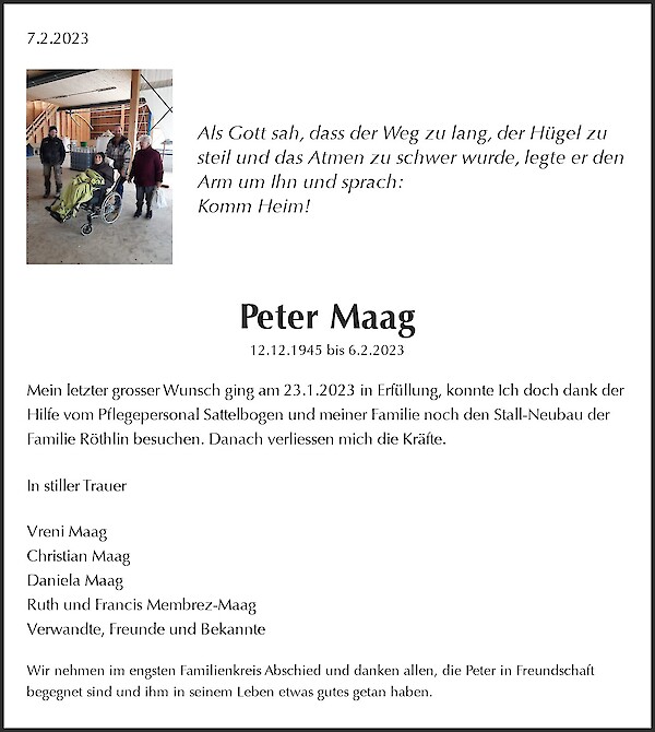 Todesanzeige von Peter Maag, Hauptwil