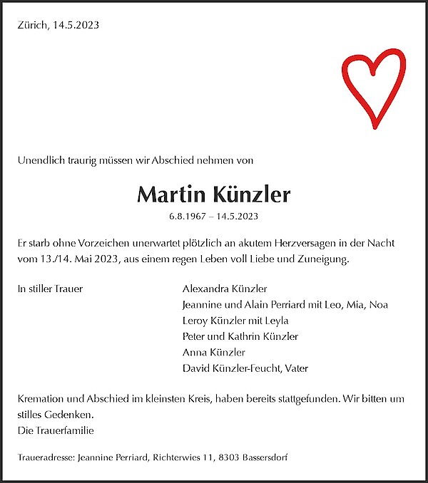 Todesanzeige von Martin Künzler