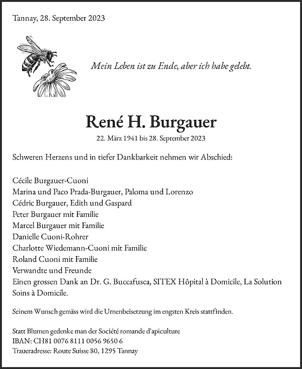 Todesanzeige von René H. Burgauer, Tannay