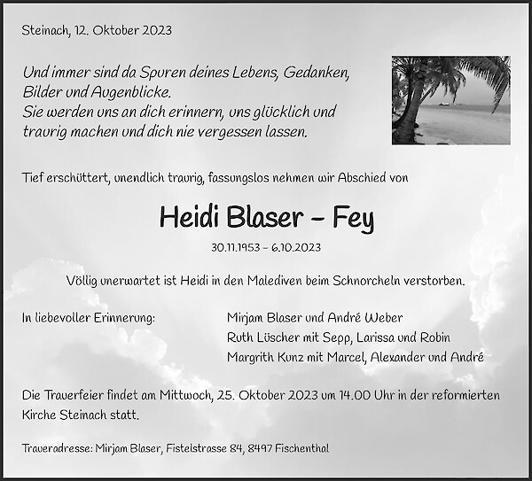 Todesanzeige von Heidi Blaser - Fey, Steinach