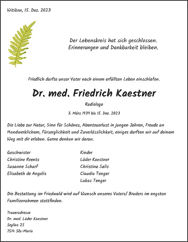 Todesanzeige von Dr. med. Friedrich Kaestner